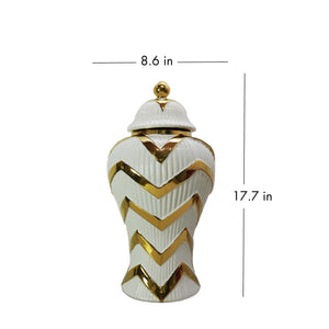 Homeroots 18" White And Gold Chevron Urn Ceramic Ginger Jar  Ceramic 571613