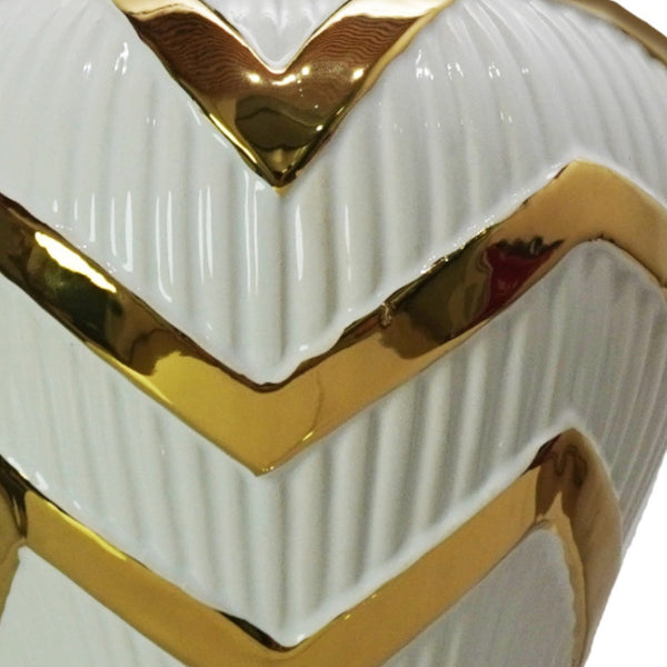 Homeroots 18" White And Gold Chevron Urn Ceramic Ginger Jar  Ceramic 571613