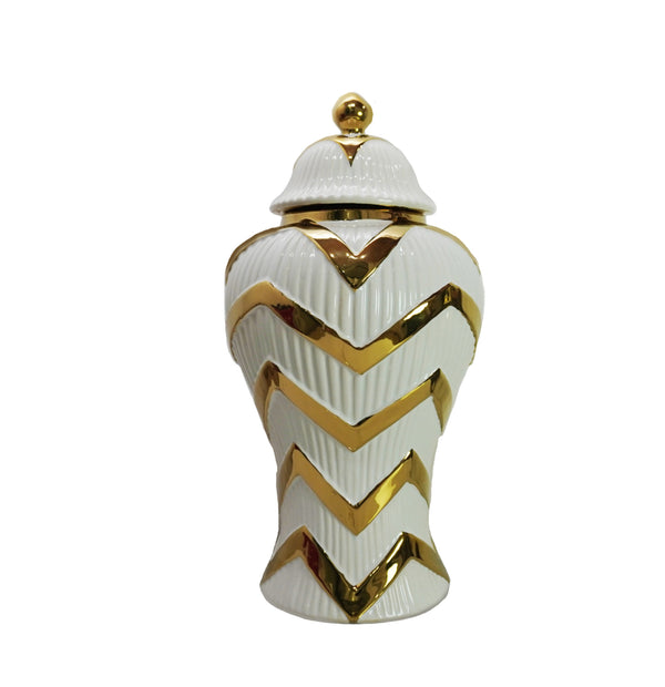 Homeroots 18" White And Gold Chevron Urn Ceramic Ginger Jar  Ceramic 571613