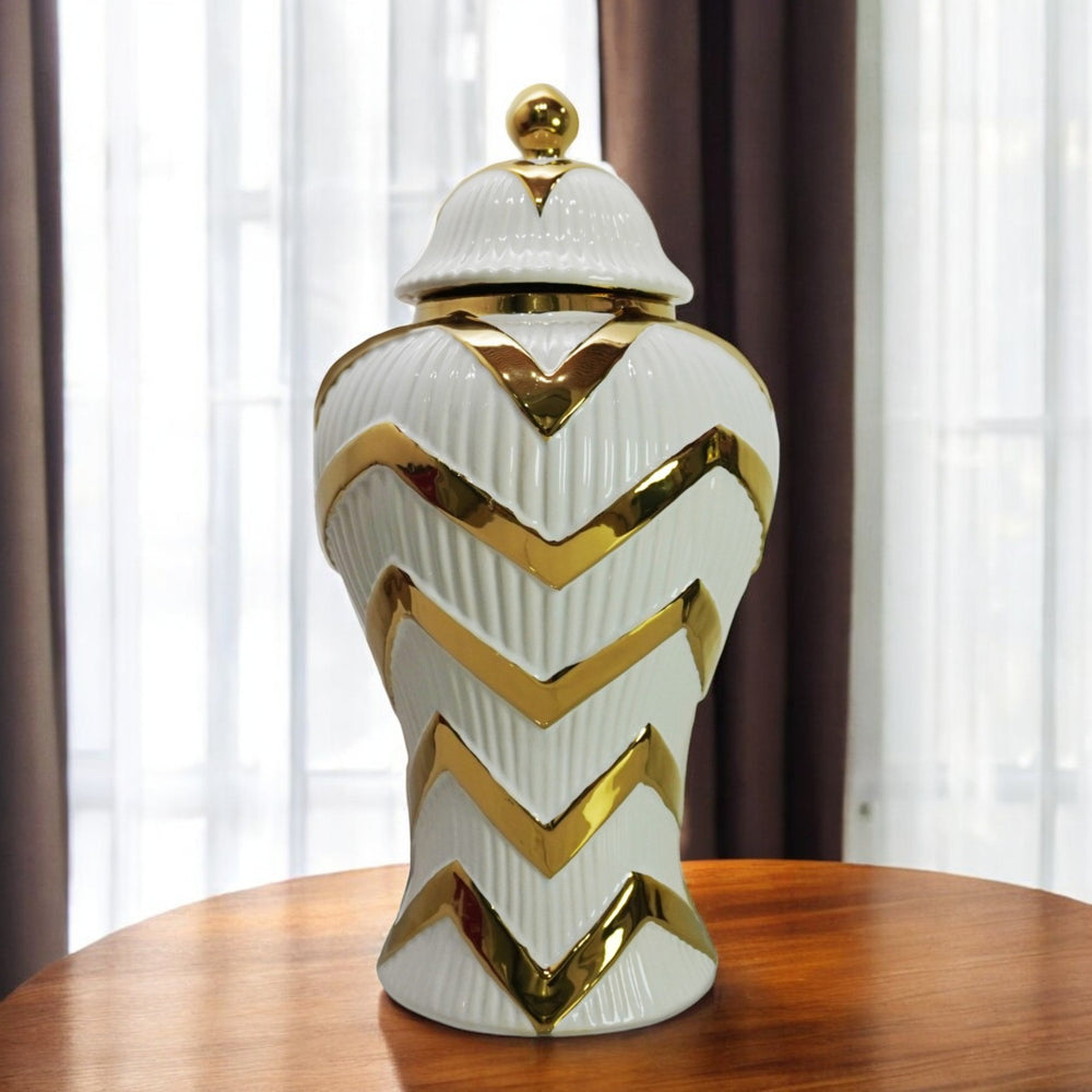 Homeroots 18" White And Gold Chevron Urn Ceramic Ginger Jar  Ceramic 571613