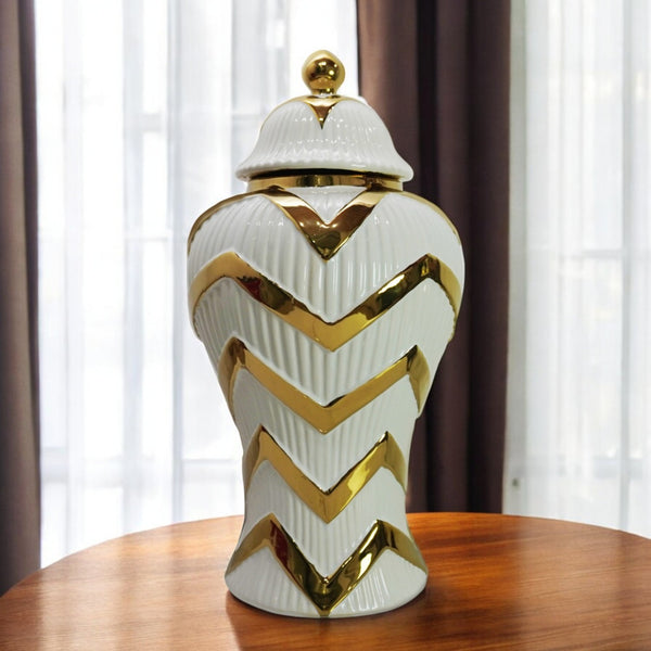 Homeroots 18" White And Gold Chevron Urn Ceramic Ginger Jar  Ceramic 571613