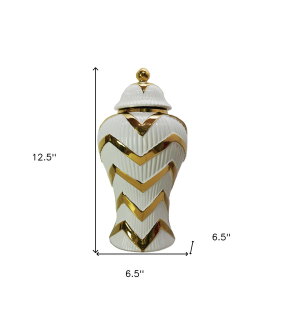 Homeroots 13" White And Gold Chevron Urn Ceramic Ginger Jar  Ceramic 571614