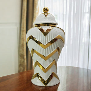 Homeroots 13" White And Gold Chevron Urn Ceramic Ginger Jar  Ceramic 571614