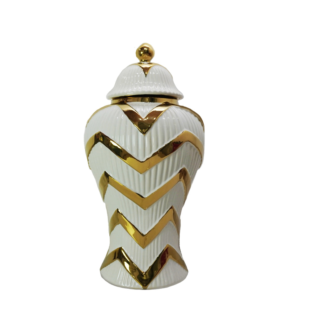 Homeroots 13" White And Gold Chevron Urn Ceramic Ginger Jar  Ceramic 571614