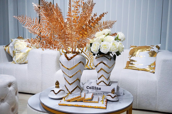 Homeroots 13" White And Gold Chevron Urn Ceramic Ginger Jar  Ceramic 571614