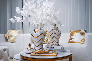 Homeroots 13" White And Gold Chevron Urn Ceramic Ginger Jar  Ceramic 571614