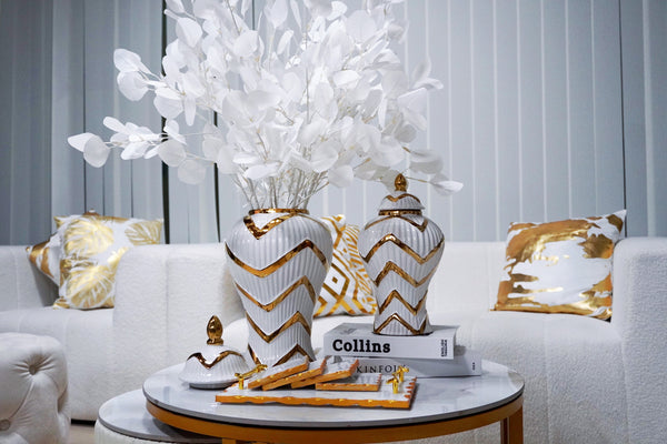 Homeroots 13" White And Gold Chevron Urn Ceramic Ginger Jar  Ceramic 571614