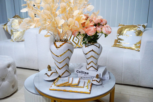 Homeroots 13" White And Gold Chevron Urn Ceramic Ginger Jar  Ceramic 571614