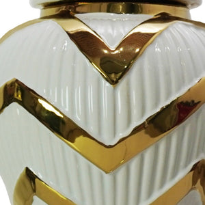 Homeroots 13" White And Gold Chevron Urn Ceramic Ginger Jar  Ceramic 571614