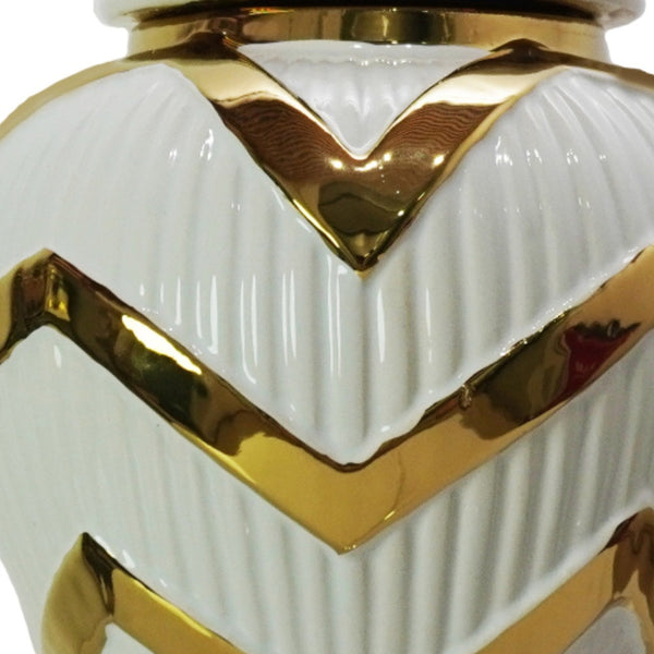 Homeroots 13" White And Gold Chevron Urn Ceramic Ginger Jar  Ceramic 571614