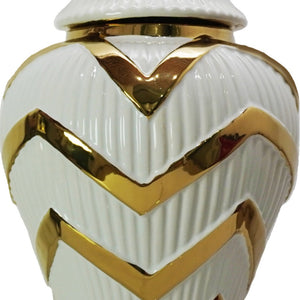 Homeroots 13" White And Gold Chevron Urn Ceramic Ginger Jar  Ceramic 571614