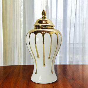 Homeroots 13" White And Gold Abstract Urn Ceramic Ginger Jar  Ceramic 571616