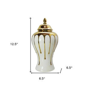 Homeroots 13" White And Gold Abstract Urn Ceramic Ginger Jar  Ceramic 571616