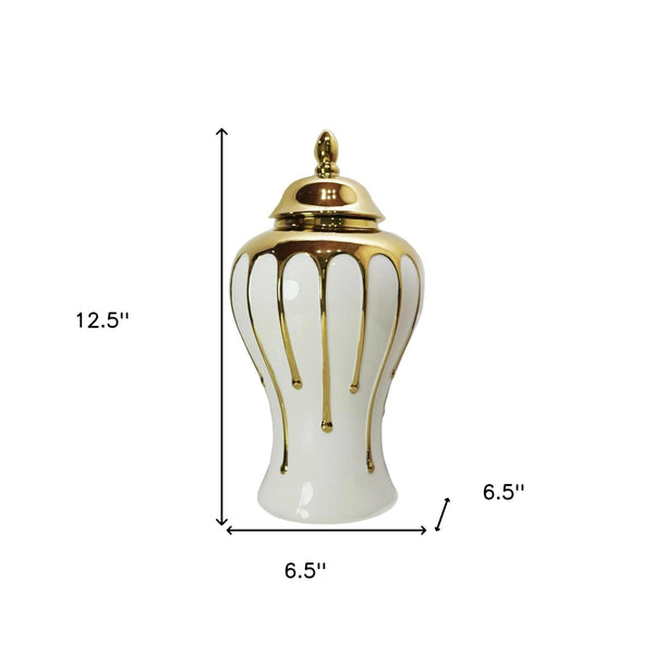 Homeroots 13" White And Gold Abstract Urn Ceramic Ginger Jar  Ceramic 571616