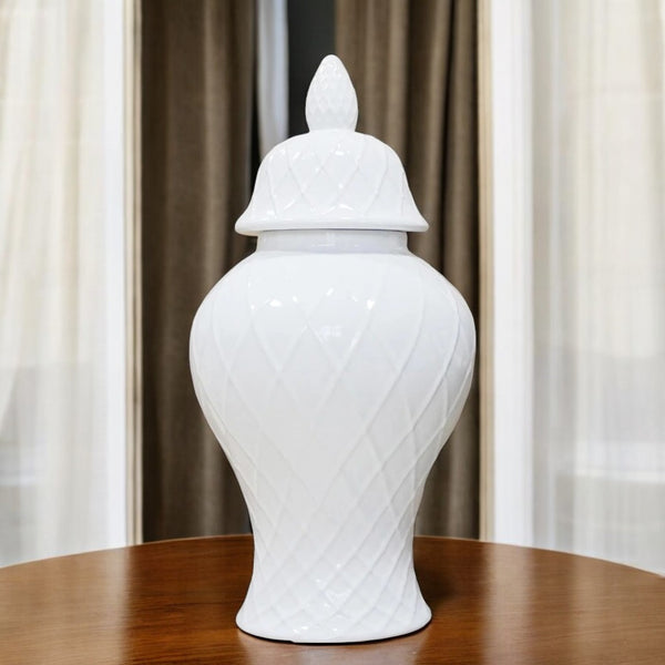 Homeroots 21" White Geometric Urn Ceramic Ginger Jar  Ceramic 571617