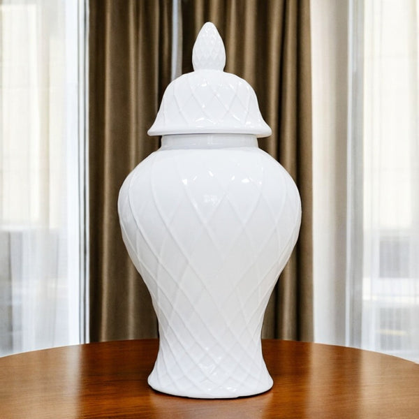 Homeroots 17" White Geometric Urn Ceramic Ginger Jar  Ceramic 571618