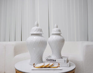 Homeroots 17" White Geometric Urn Ceramic Ginger Jar  Ceramic 571618