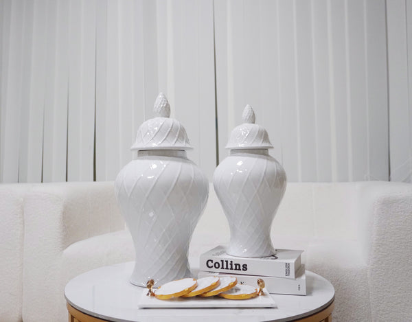 Homeroots 17" White Geometric Urn Ceramic Ginger Jar  Ceramic 571618