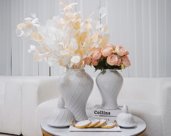 Homeroots 17" White Geometric Urn Ceramic Ginger Jar  Ceramic 571618