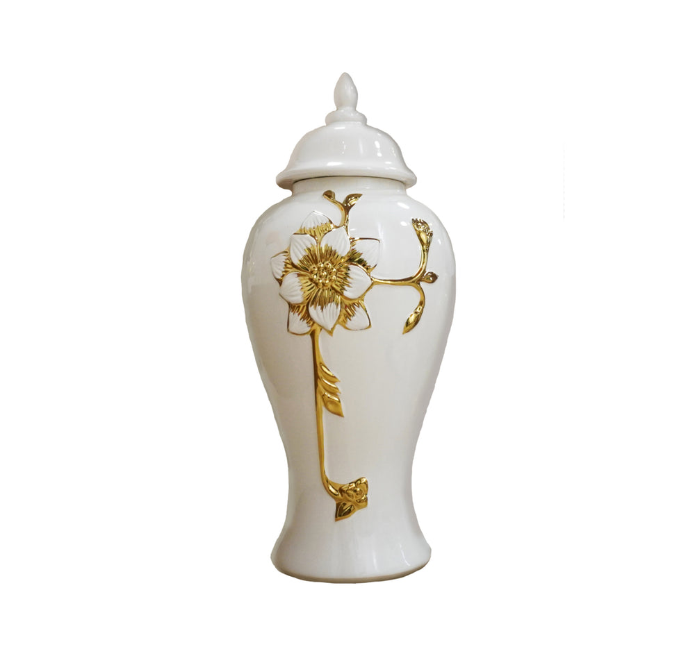 Homeroots 24" White And Gold Floral Urn Ceramic Ginger Jar With Sculptural Details  Ceramic 571619