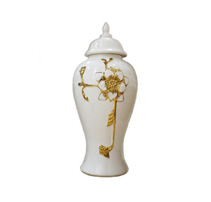 Homeroots 24" White And Gold Floral Urn Ceramic Ginger Jar With Sculptural Details  Ceramic 571619