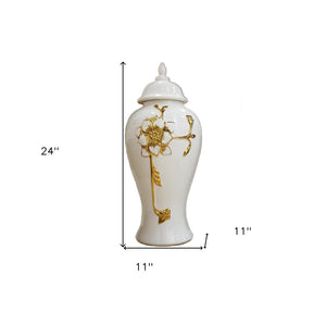 Homeroots 24" White And Gold Floral Urn Ceramic Ginger Jar With Sculptural Details  Ceramic 571619