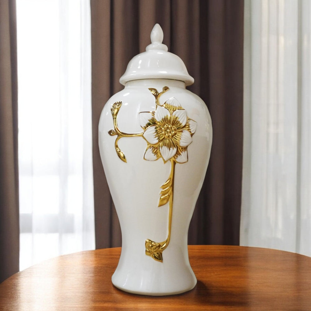Homeroots 24" White And Gold Floral Urn Ceramic Ginger Jar With Sculptural Details  Ceramic 571619
