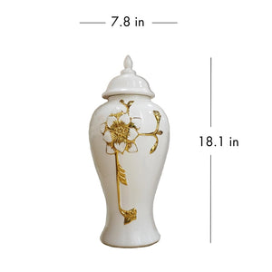 Homeroots 18" Elegant Gold And White Floral Urn Ceramic Ginger Jar - Chic Sculptural Home Decor Accent Piece  Ceramic 571620