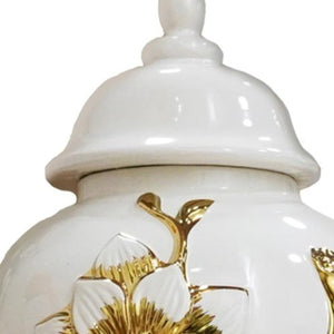 Homeroots 18" Elegant Gold And White Floral Urn Ceramic Ginger Jar - Chic Sculptural Home Decor Accent Piece  Ceramic 571620