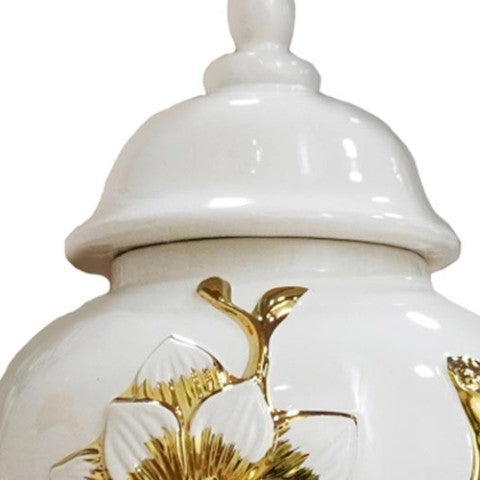 Homeroots 18" Elegant Gold And White Floral Urn Ceramic Ginger Jar - Chic Sculptural Home Decor Accent Piece  Ceramic 571620