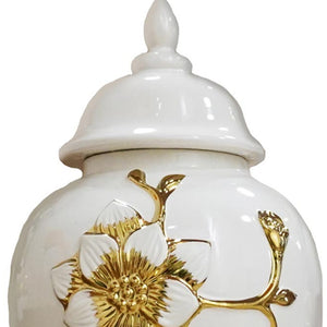 Homeroots 18" Elegant Gold And White Floral Urn Ceramic Ginger Jar - Chic Sculptural Home Decor Accent Piece  Ceramic 571620