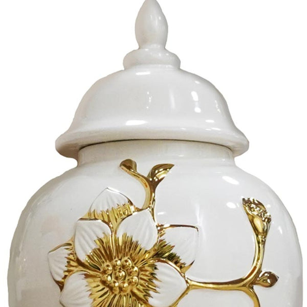 Homeroots 18" Elegant Gold And White Floral Urn Ceramic Ginger Jar - Chic Sculptural Home Decor Accent Piece  Ceramic 571620