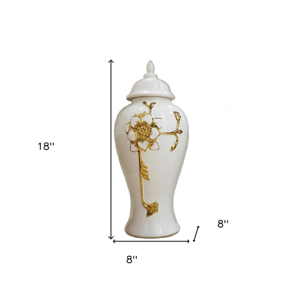 Homeroots 18" Elegant Gold And White Floral Urn Ceramic Ginger Jar - Chic Sculptural Home Decor Accent Piece  Ceramic 571620