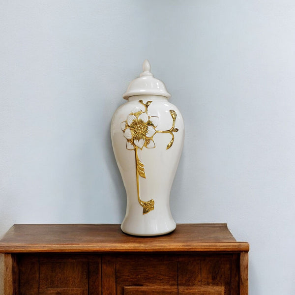 Homeroots 18" Elegant Gold And White Floral Urn Ceramic Ginger Jar - Chic Sculptural Home Decor Accent Piece  Ceramic 571620