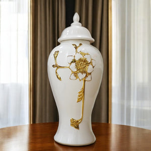 Homeroots 14" White And Gold Floral Urn Ceramic Ginger Jar With Sculptural Details  Ceramic 571621
