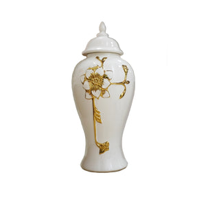 Homeroots 14" White And Gold Floral Urn Ceramic Ginger Jar With Sculptural Details  Ceramic 571621