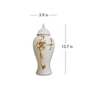 Homeroots 14" White And Gold Floral Urn Ceramic Ginger Jar With Sculptural Details  Ceramic 571621
