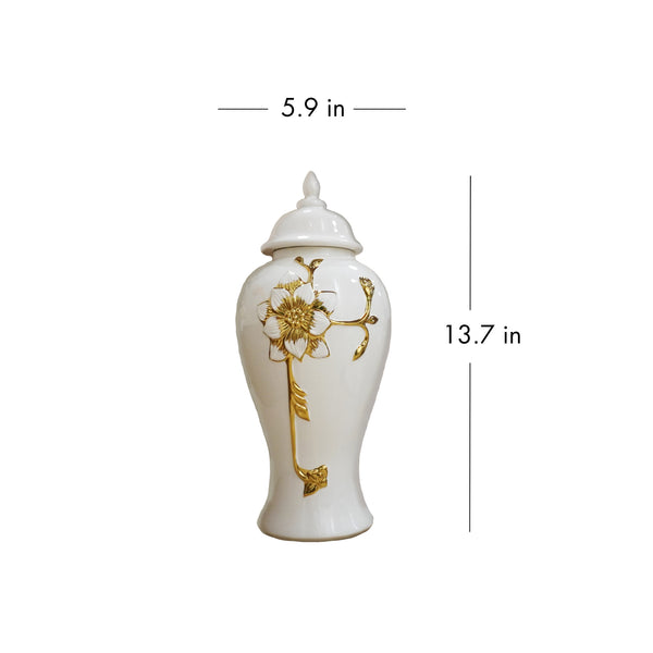 Homeroots 14" White And Gold Floral Urn Ceramic Ginger Jar With Sculptural Details  Ceramic 571621
