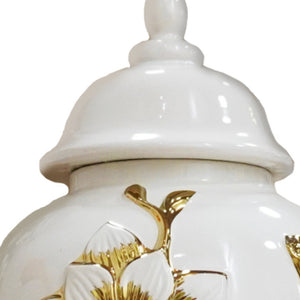Homeroots 14" White And Gold Floral Urn Ceramic Ginger Jar With Sculptural Details  Ceramic 571621