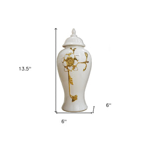 Homeroots 14" White And Gold Floral Urn Ceramic Ginger Jar With Sculptural Details  Ceramic 571621