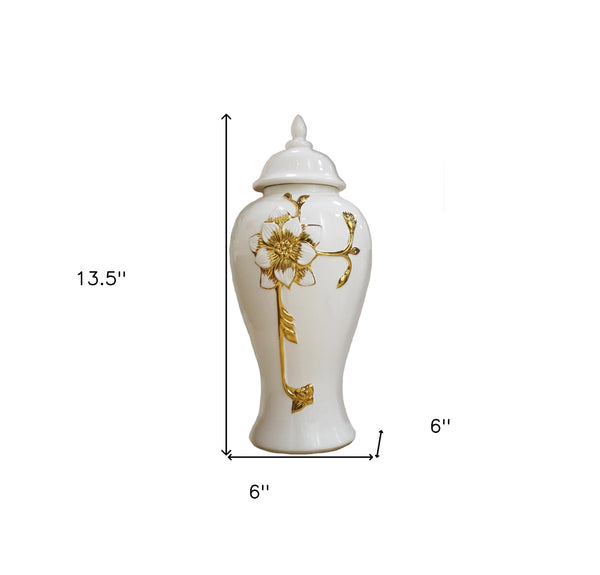Homeroots 14" White And Gold Floral Urn Ceramic Ginger Jar With Sculptural Details  Ceramic 571621