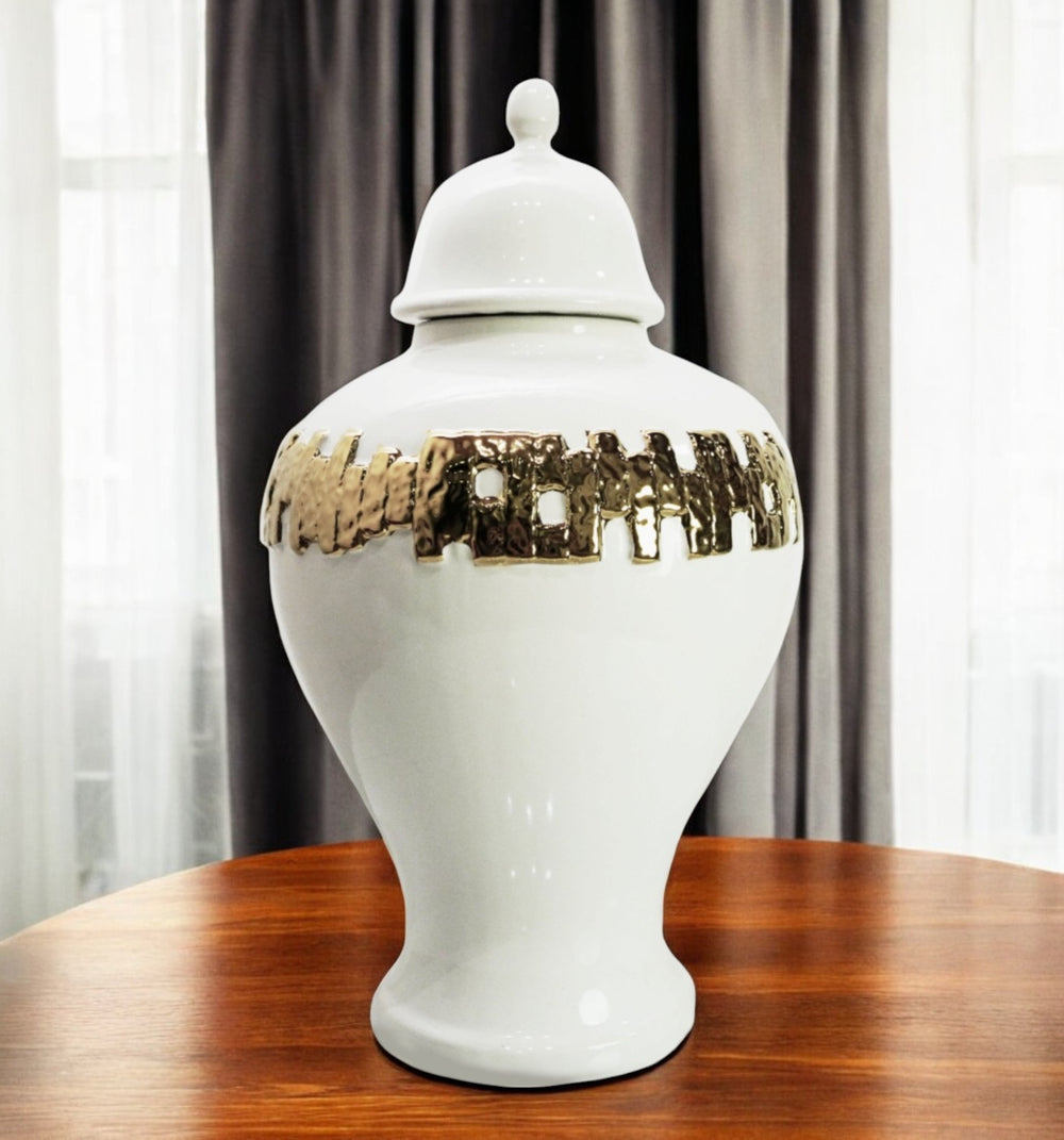 Homeroots 18" White And Gold Urn Ceramic Ginger Jar With Sculptural Details  Ceramic 571623