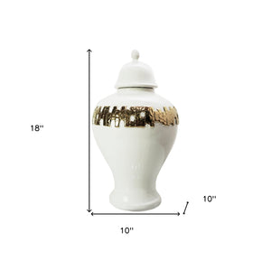 Homeroots 18" White And Gold Urn Ceramic Ginger Jar With Sculptural Details  Ceramic 571623