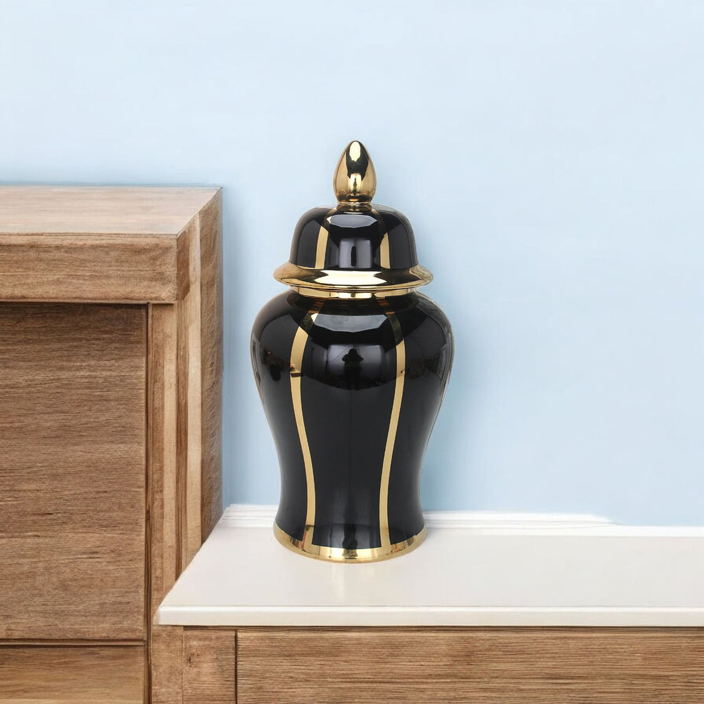 Homeroots 14" Black And Gold Striped Urn Ceramic Ginger Jar – Elegant Accent For Modern Home Decor & Storage  Ceramic 571625