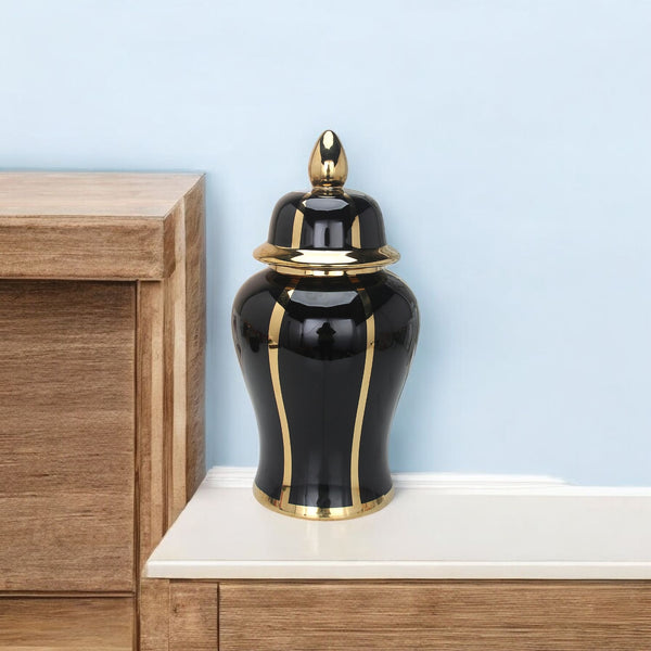 Homeroots 14" Black And Gold Striped Urn Ceramic Ginger Jar – Elegant Accent For Modern Home Decor & Storage  Ceramic 571625