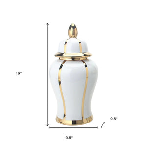 Homeroots 19" White And Gold Striped Urn Ceramic Ginger Jar  Ceramic 571628