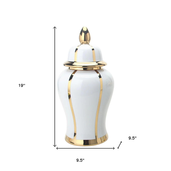 Homeroots 19" White And Gold Striped Urn Ceramic Ginger Jar  Ceramic 571628