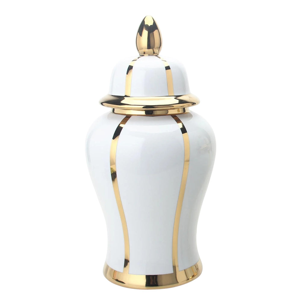 Homeroots 19" White And Gold Striped Urn Ceramic Ginger Jar  Ceramic 571628