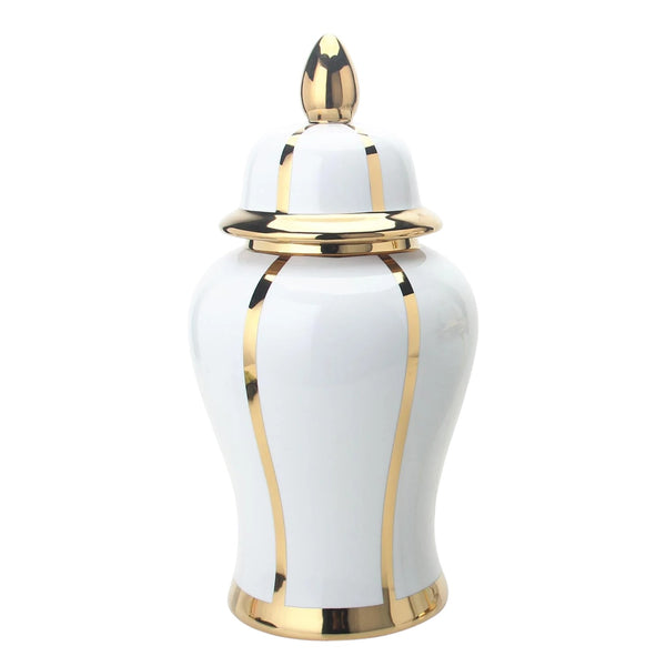 Homeroots 19" White And Gold Striped Urn Ceramic Ginger Jar  Ceramic 571628