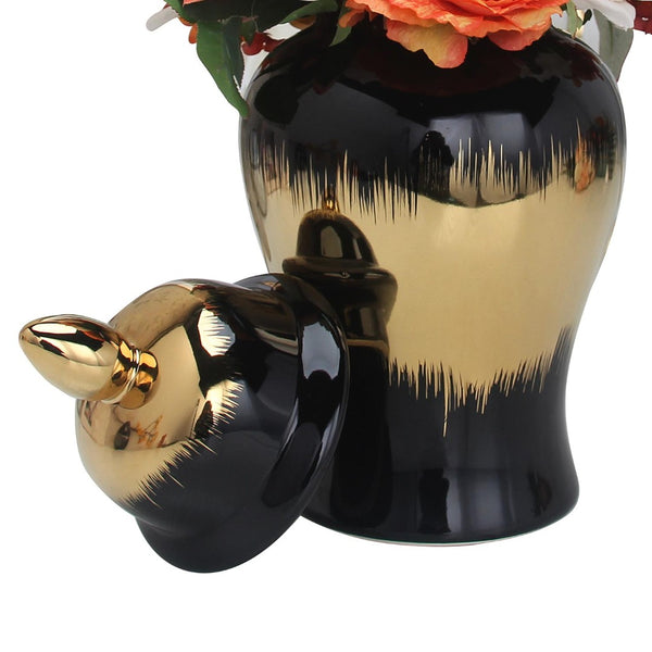 Homeroots 14" Black And Gold Abstract Urn Ceramic Ginger Jar - Stylish Decorative Accent For Modern Homes  Ceramic 571629